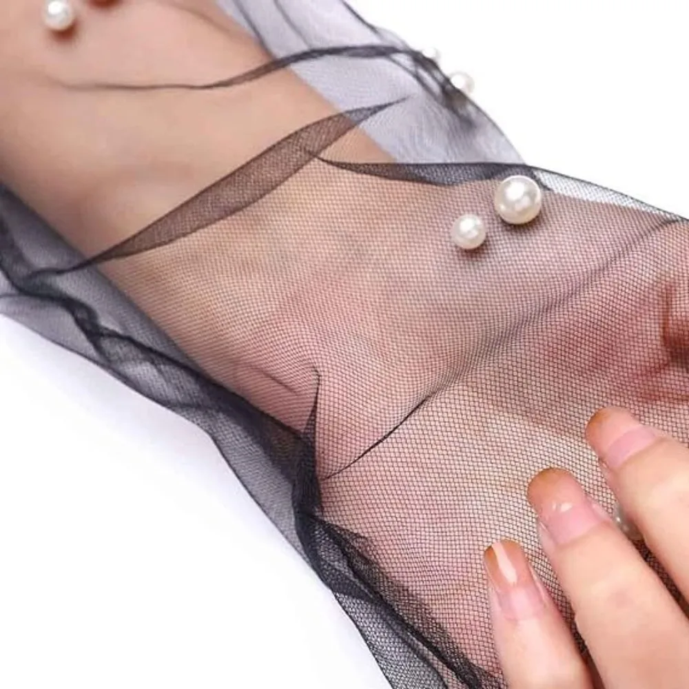 Nowe Siateczkowe Rękawiczki Ślubne z Perłami Długie Rękawiczki Ślubne Bankietowe Rękawiczki na Imprezę