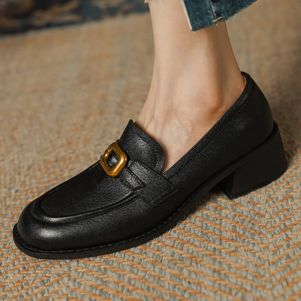 

Women's genuine leather metal buckle slip-on flats loafers round toe leisure soft comfortable high quality espadrilles shoes 40