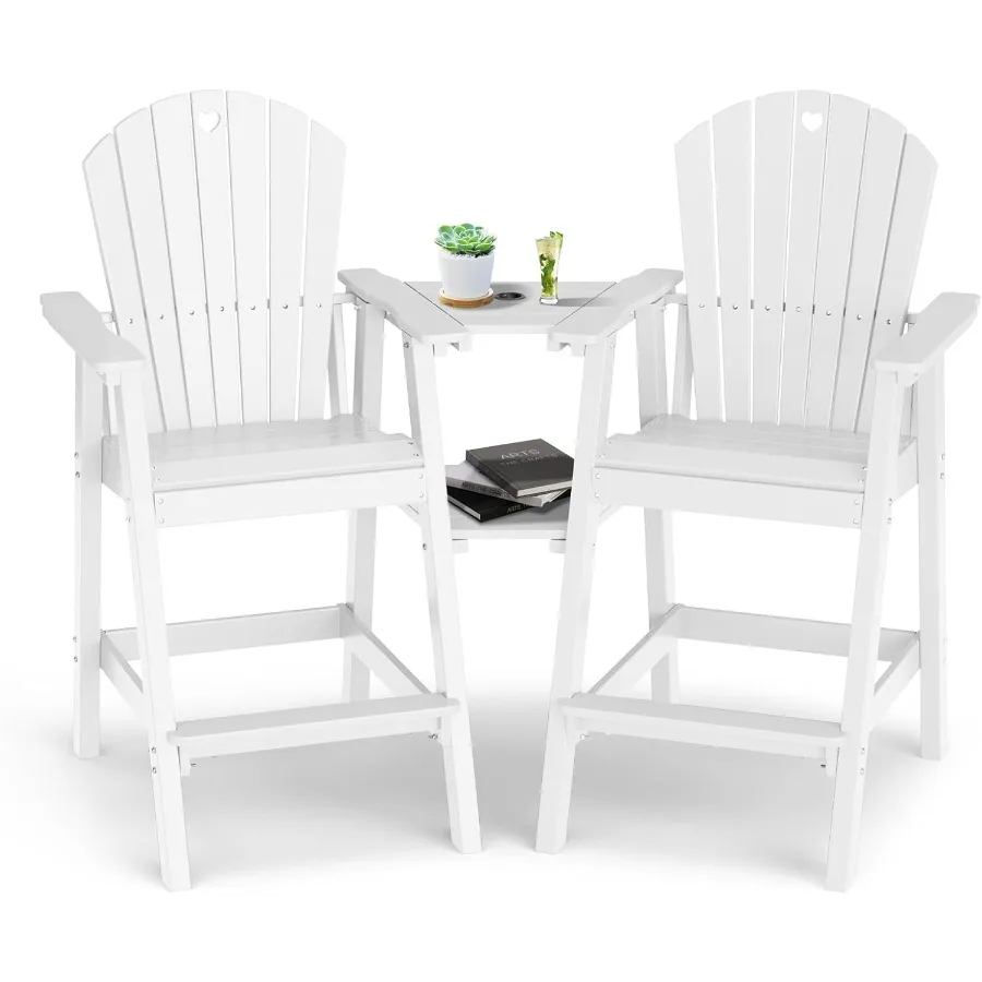 مجموعة كراسي آديرونداك طويلة مكونة من 2 مقاعد بار خارجية متينة HDPE مع صينية توصيل مزدوجة وأثاث فناء مقاوم للطقس لـ Poo