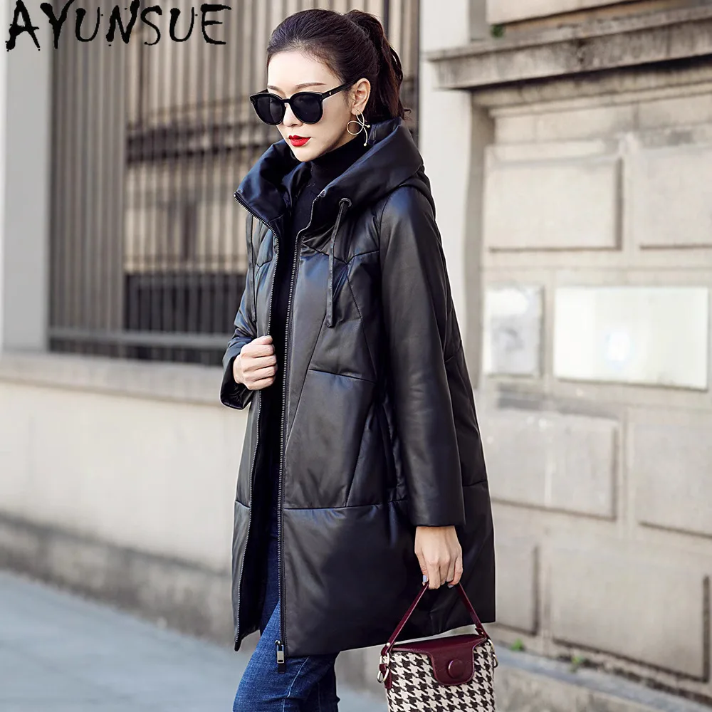 AYUNSUE シープスキン本革ダウンジャケット女性の冬服ミッドレングスダウンコートパーカー 2025 新コート Jaqueta Couro