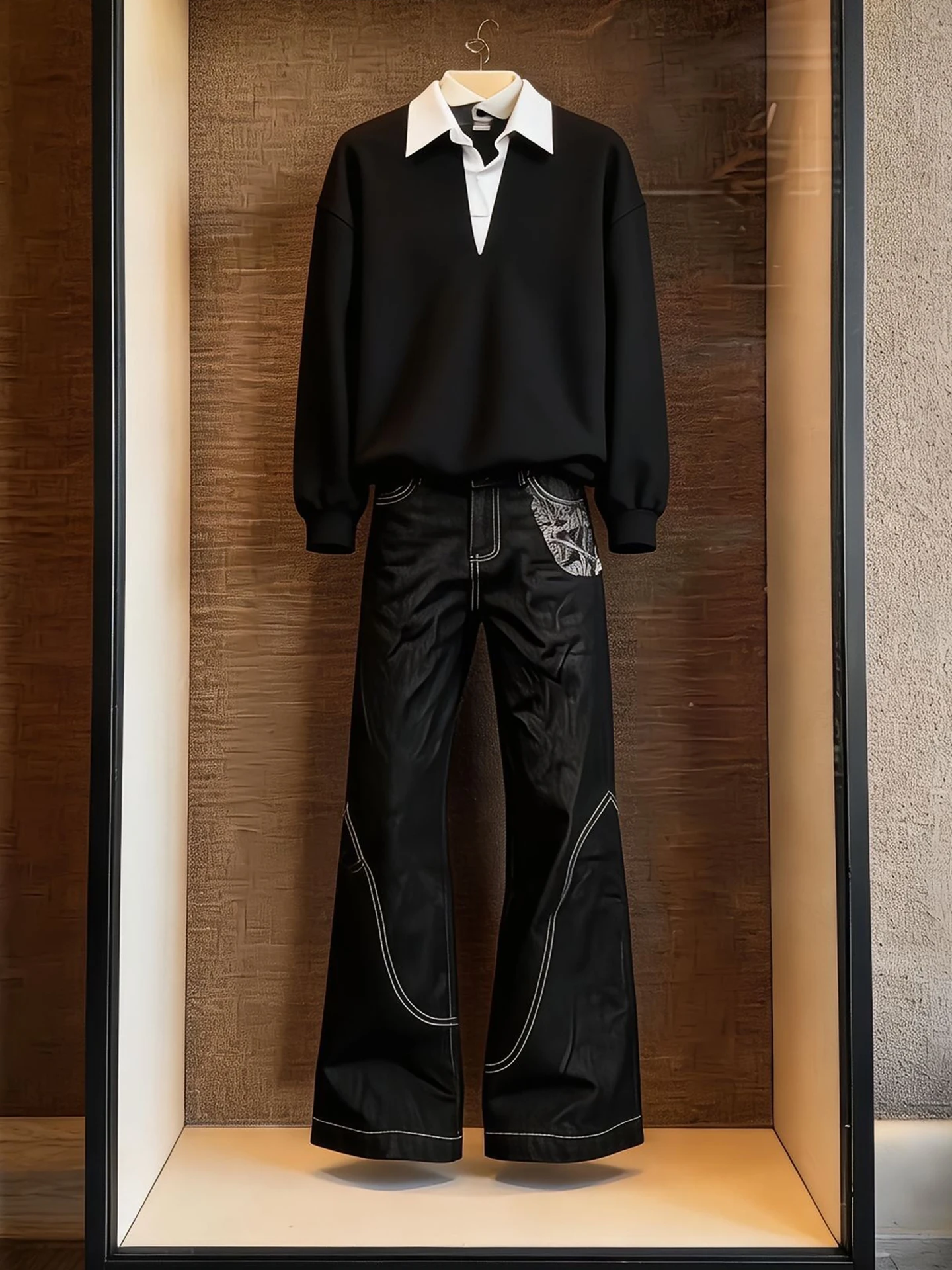 

Black High Street Denim Men's American Patchwork Embroidery Wide Leg Pants Extended Version Knife Flared Pants