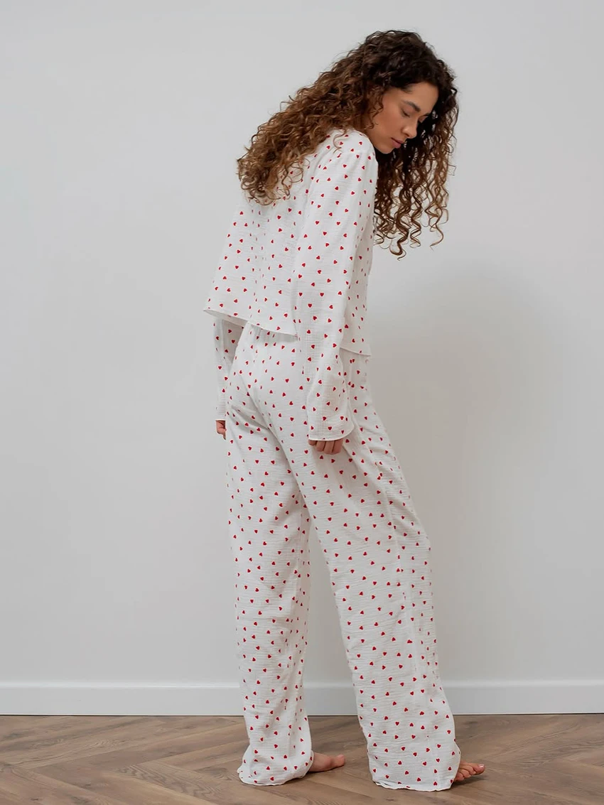 Marthaqiqi Cotton Women Nightwear Suit Long Sleeve Pajamas Sexy V-Neck Nightie Lace Up Pyjamas Pants Casual Ladies Sleepwear Set