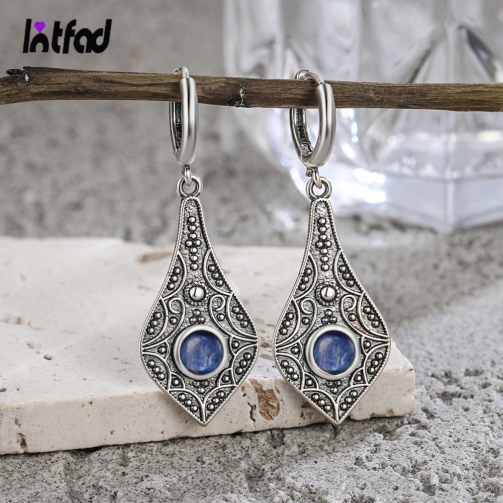 Pendientes largos de Plata de Ley 925 con piedra lunar Natural para mujer, aretes de cianita Vintage, regalo de fiesta de boda, joyería