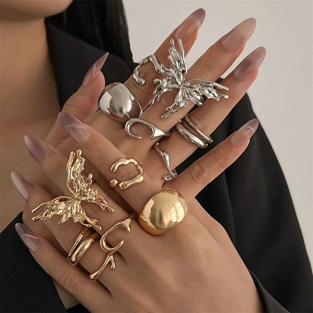 Personality Liquid Large Butterfly Open Rings for Women Punk Geometric Hollow Layered Wide Ring Set Finger Couple  Jewelry Gifts