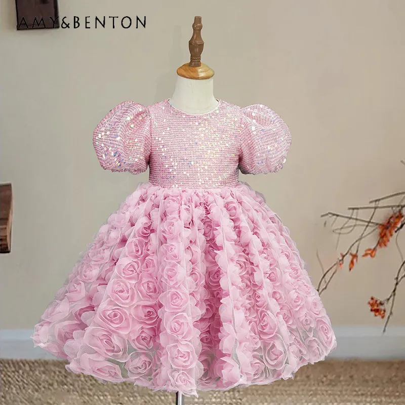 Sweet Baby Girls High End New Spring Summer 2026 Tutu Princess Dress Kids Puff Sleeve Sequin 3D Floral Tulle Birthday Party Gown