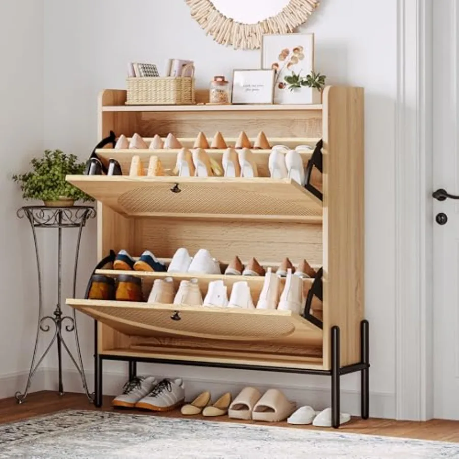Entryway shoe cabinet with rattan doors, oak wood, natural color, 2 flip drawers for compact storage