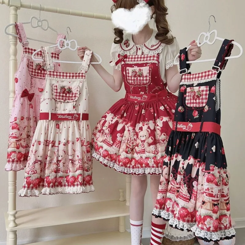 Strawberry Embroidery Strap Lolita Dresses Set Y2K Cake Bear Velvet Bow Printed Letter Checkered Hollow Strap Skirt Dresses New