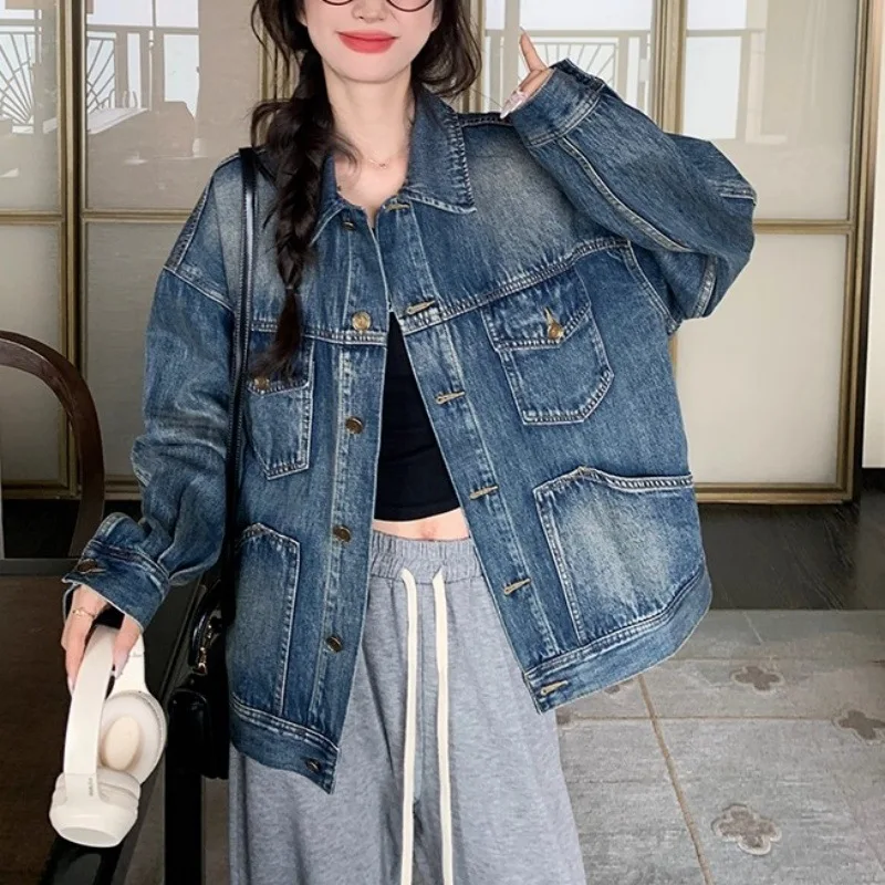 Denim Jackets Women Short Coat Pockets Streetwear Distressed Washed Single Breasted Turn Down Collar Autumn 2026 Outerwear