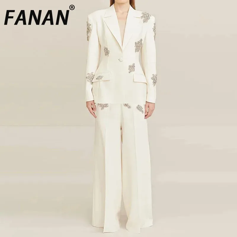 

FANAN Fashion Women 2 Pcs Set Notched Collar Long Sleeve Diamond Setting Blazer High Waist Loose Pants Elegant Suit Autumn 2025