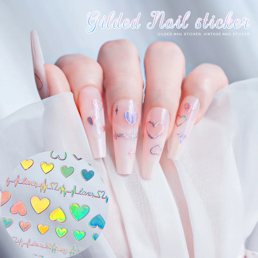 5pcs Aurora Colorful Love Nail Stickers Laser Rainbow Stars Moon Starlight Heart Self Adhesive Nail Slider Nail Art Decoration