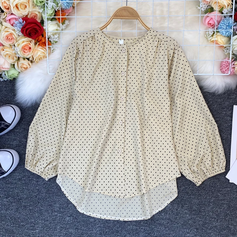 

Polka Dot Long Sleeve Loose Design Korean Style Women's Shirt Autumn 2023 Commute Fashion round Neck Button up Casual Top
