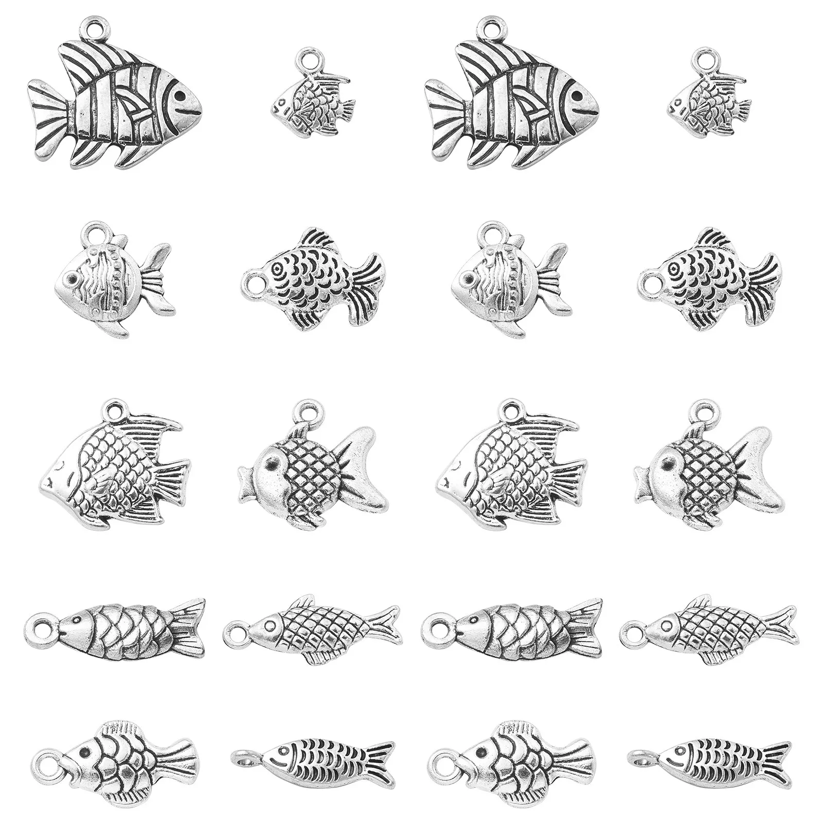 100Pcs 10 Styles Tibetan Fish Charms Antique Silver Plated Sea Ocean Animal Charms for DIY Craft Summer Jewelry Making Supplies