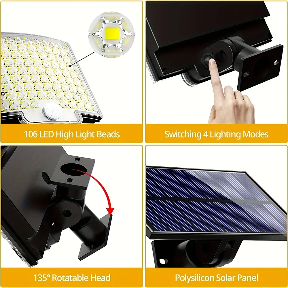 106LED Split Solar Light Outdoor Waterproof with Motion Sensor Floodlight Remote Control 3 Modes for Patio Garage Backyard