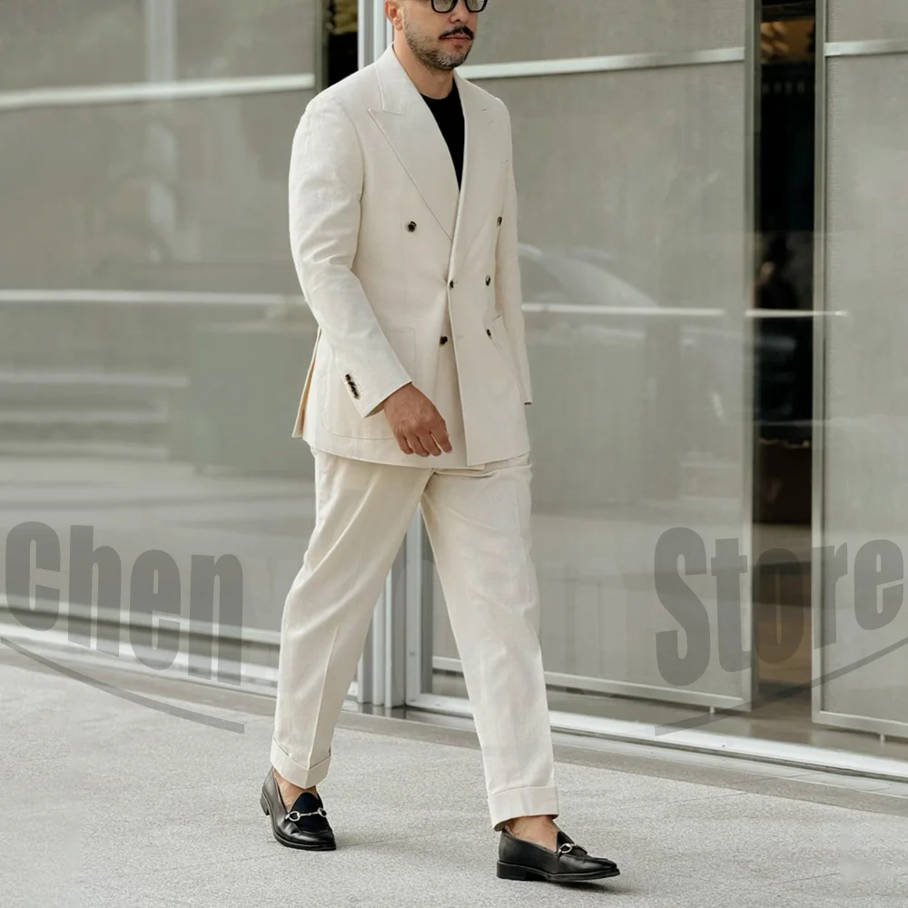 

Linen Men Suits Fashion Peak Lapel Double Breasted Outfits 2 Piece Party Wedding Groom Tuxedos Business Casual Slim Male Suit
