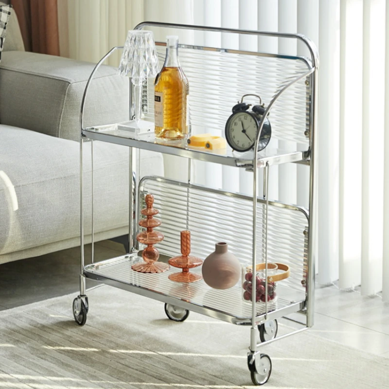 Transparent Glass Dining Car Trolley Home Kitchen Bar Wheel Table Foldable Side Table Living Room Bedroom Mobile Shelf