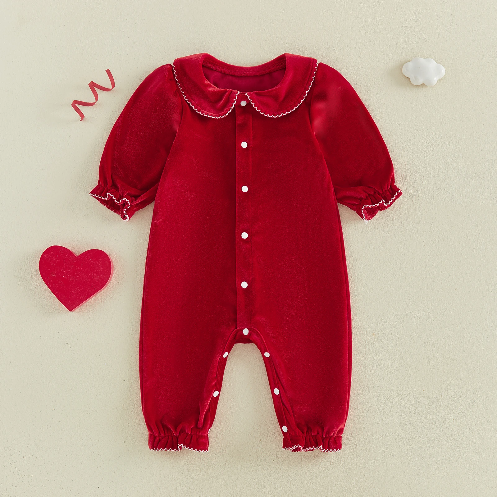 Infant Baby Girl Velvet Romper Long Sleeve Doll Collar Solid Color Full Snap Closure Jumpsuit Christmas Costume