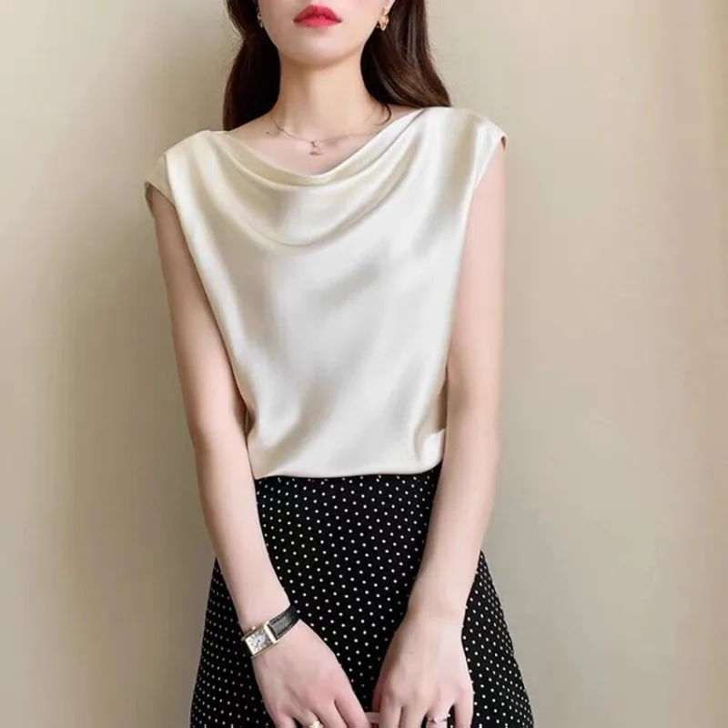 

Women's Summer Silk Satin Blouse Sleeveless Elegant White Office Shirt Beautiful Chiffon Swing Collar Top