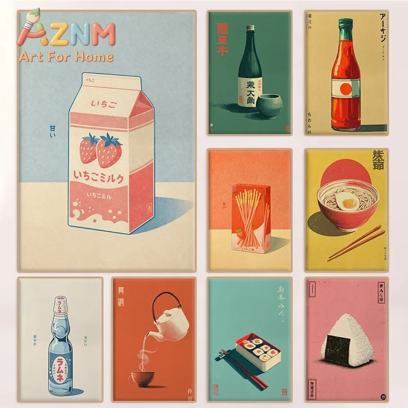 Minimalist Vintage Japanese Food Poster Ramen Milk Sushi Retro Japan Snacks Drinks Canvas Painting Wall Art for Room Home Dec