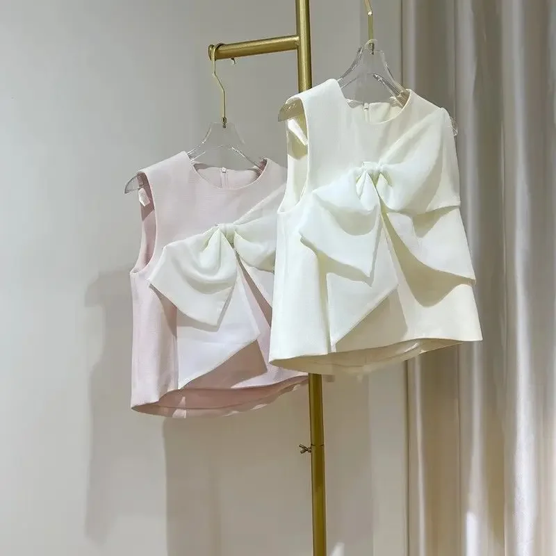 2024 Summer Vintage Small Fragrance Bow Sleeveless Tank Top Women O Neck Chic Vest Korean Fashion Female Tops Hot Shirts Camis