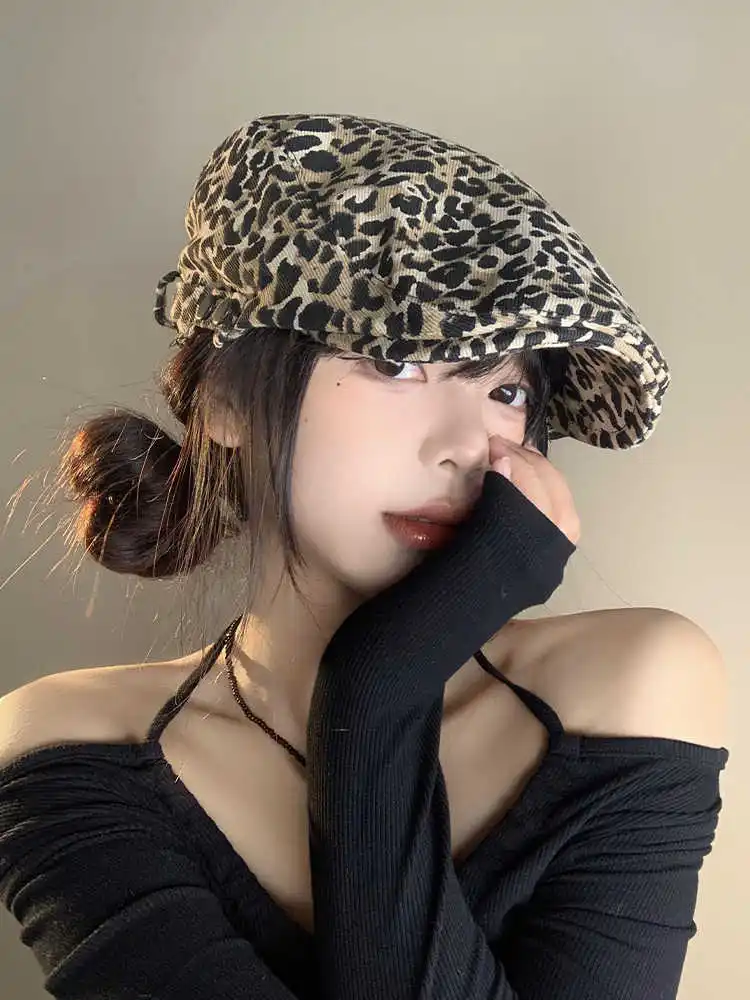 Retro Leopard Print Hat  For Women, 2025 Spring And Summer Thin Section Duck Tongue Beret Sub，Thickened Warm Belle Hats