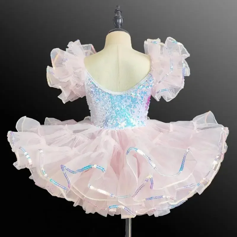 New Children's Sequin Ballet Professional Dance Dress Girls' Costume Stage Suit Preschool Bubble Sleeve Performance Dress