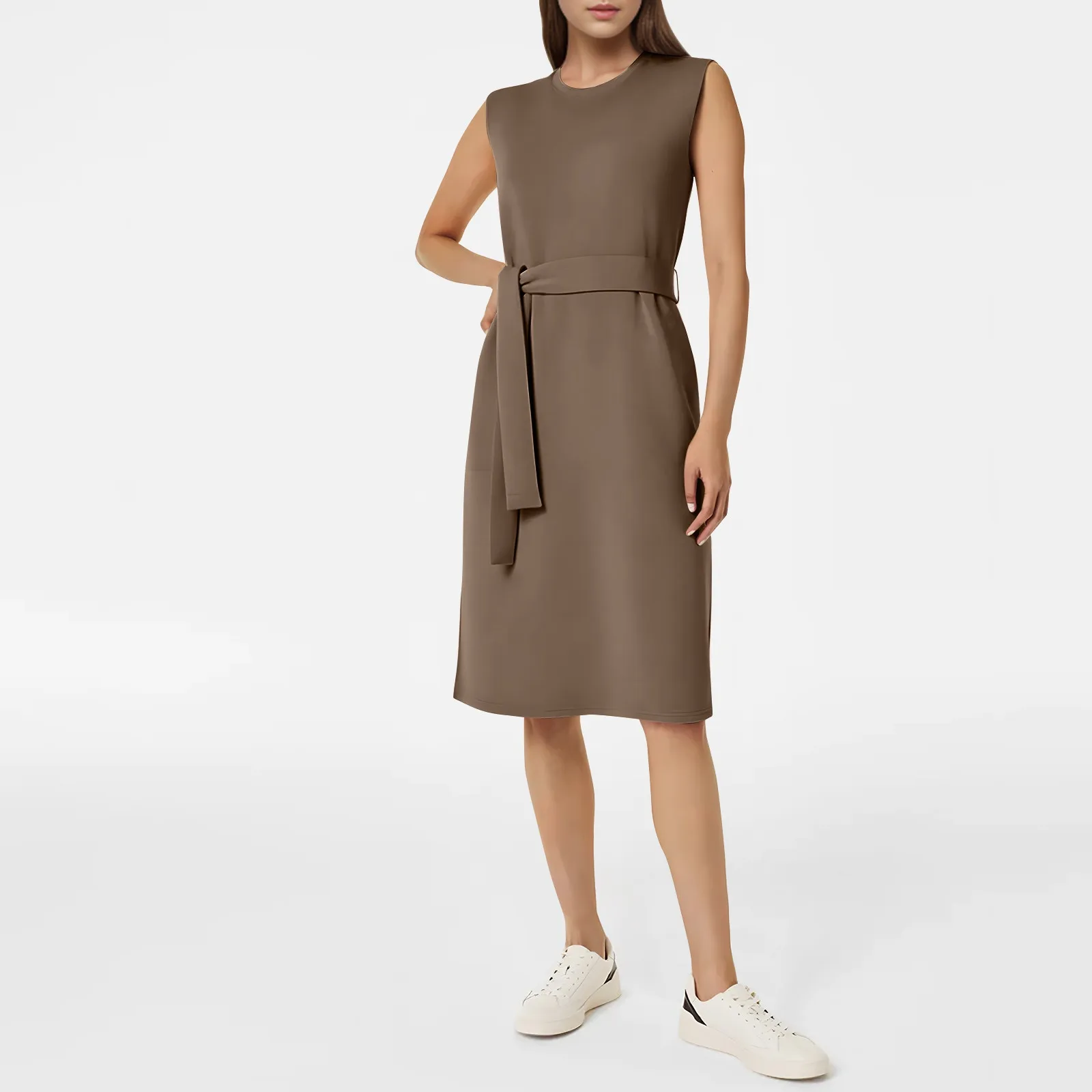 Robe droite classique avec ceinture pour femme, taille haute, col rond, fibre précieuse, poches, élégante, nouveau, Commute, 03