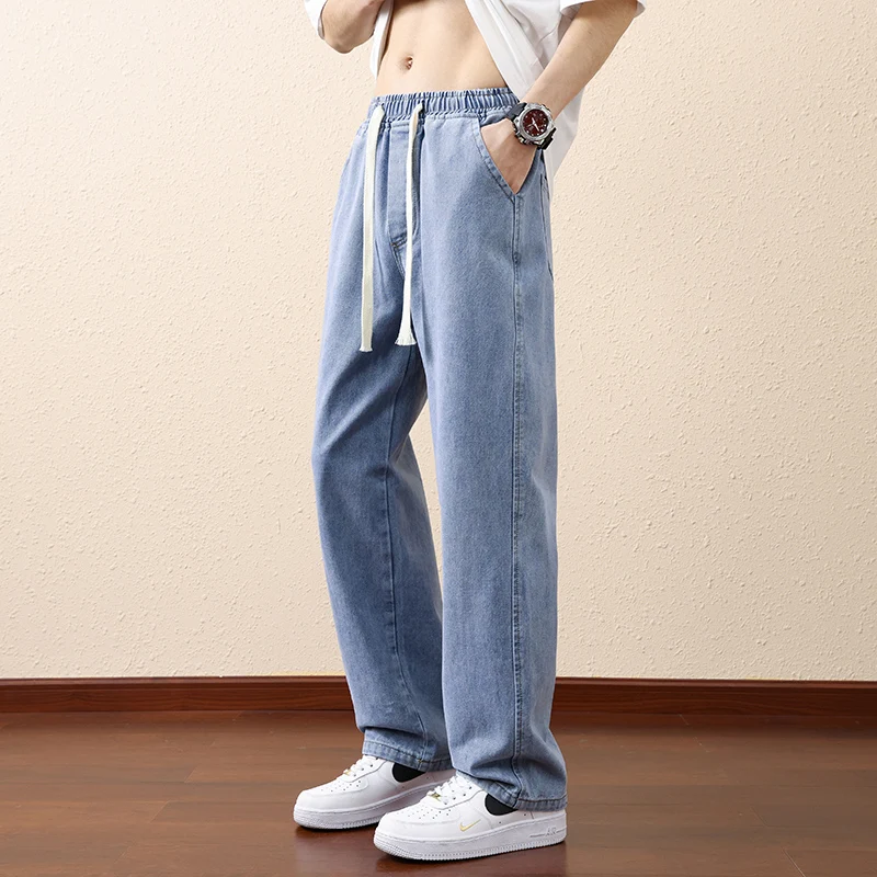 

Casual Men's Drawstring Retro Jeans Hip Hop Streetwear Straight Cotton Denim Pants Elastic Waist Loose Full-Length Denim Trouser