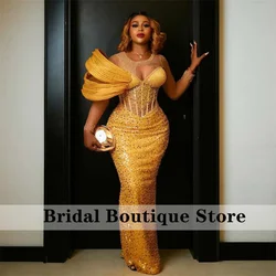 Sparkly Gold African Mermaid Evening Dress Elegant Crystal Beading Birthday Lace-Up Wedding Party Gowns Aso Ebi Customized