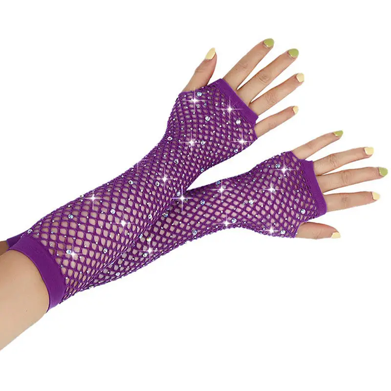 Party Fishnet Sleeves Women Sheer Gloves Elastic Cuffs Dancing Mesh Retro Club Sexy Diamond Long Arm Sleeve Shiny Gloves