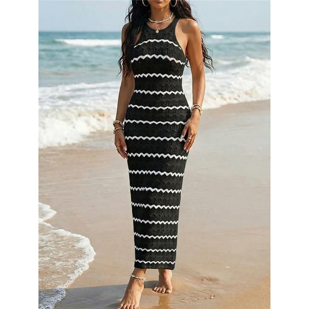 S - XL Neues gestreiftes, ärmelloses, gehäkeltes, gestricktes Tunikakleid, Strandkleid, Strandmode, Damen V8353 – Detail 11