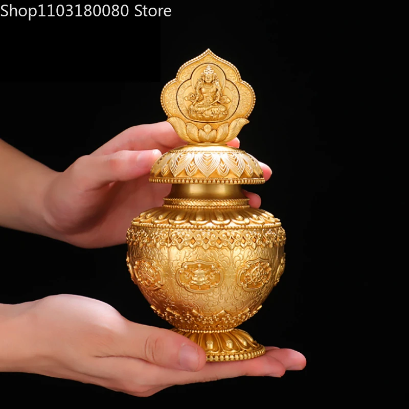 18cm Copper Ksitigarbha Yellow Jambhala Treasure Bottle Mani vase statue Tibet buddhism Eight auspicious wealth vase