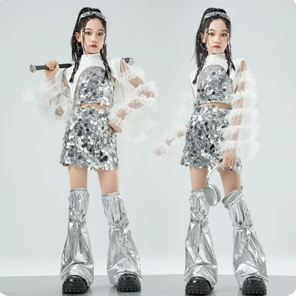 

Jazz Dance Performance Costume Girls Silver Sequin Kpop Stgae Outfit Kids Fashion Clothes Streetwear Glitter Tops Skirt