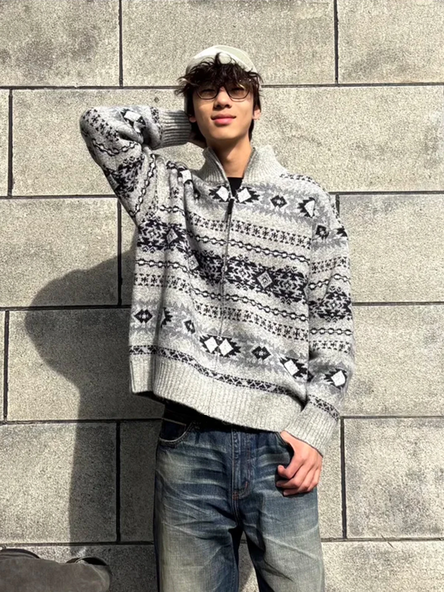 

Baroque Totem Knitted Open Cardigan Men's Winter Vintage Lazy Sle Loose Casual Fair Isle Sweater Jaet Warm Geometric Pattern