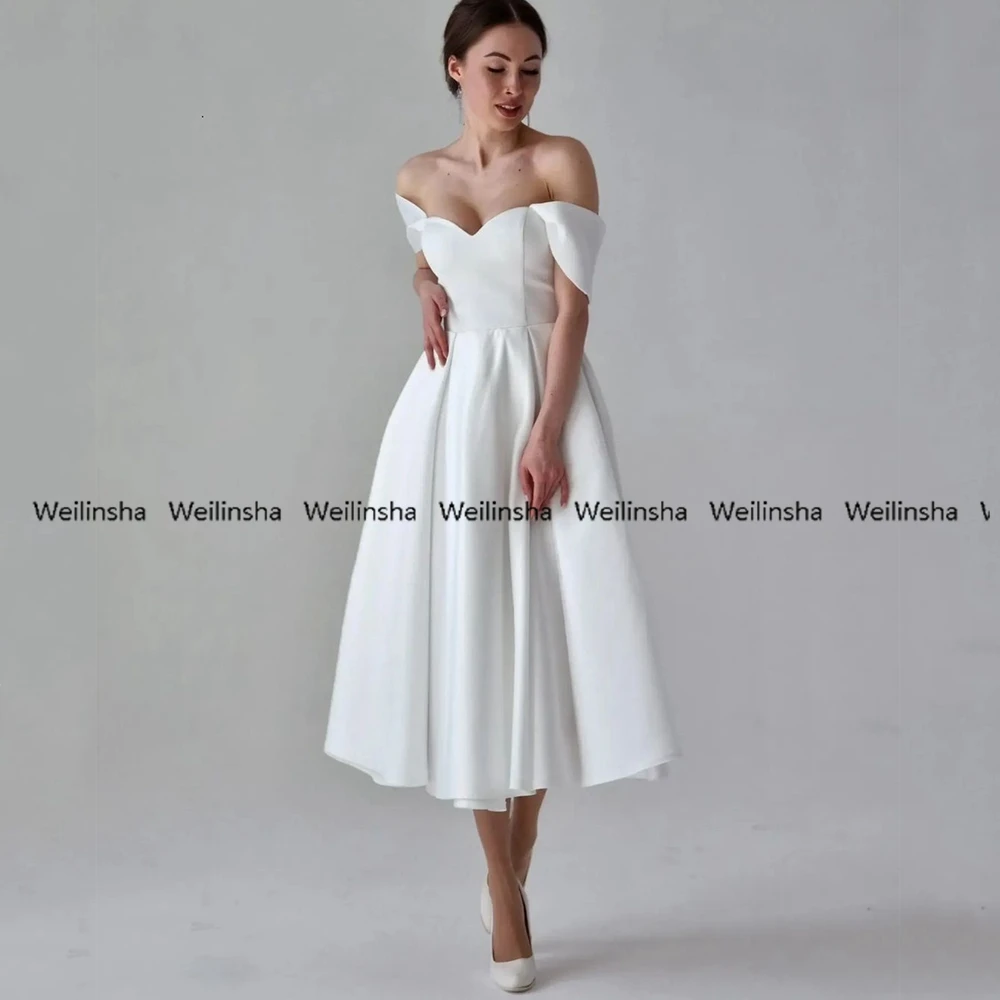 

Customized Weilinsha Summer Cheap Stretch Satin Wedding Dresses White Sweetheart Women Dress Off Shoulder Bridal Gowns Robe De M