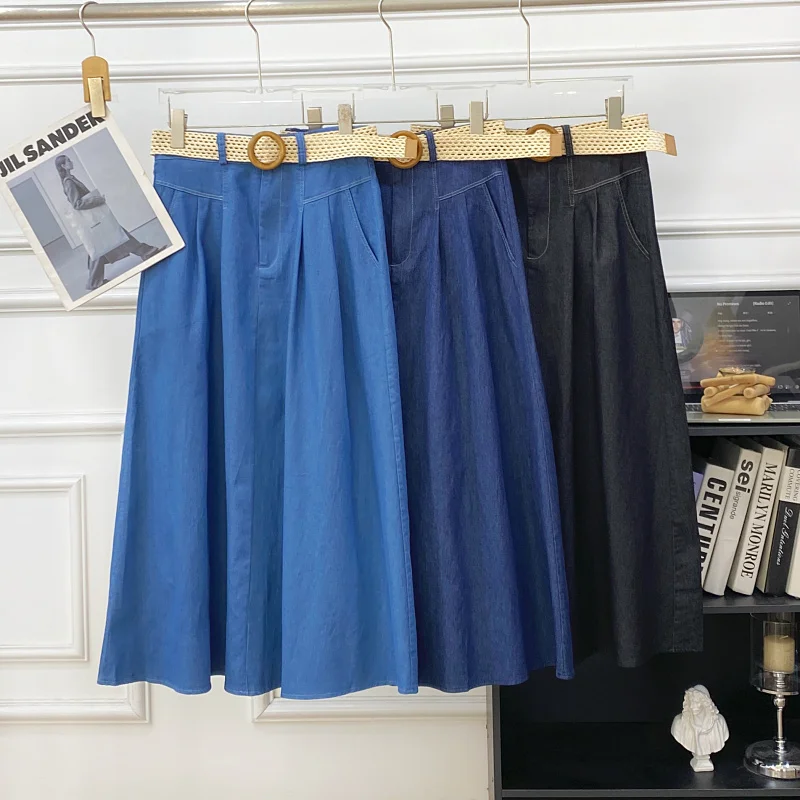 

Корейская джинсовая юбка А-силуэта с высокой талией для женщин, весна-лето, свободного кроя, удлиненная, стройнящая, скрывающая бедра