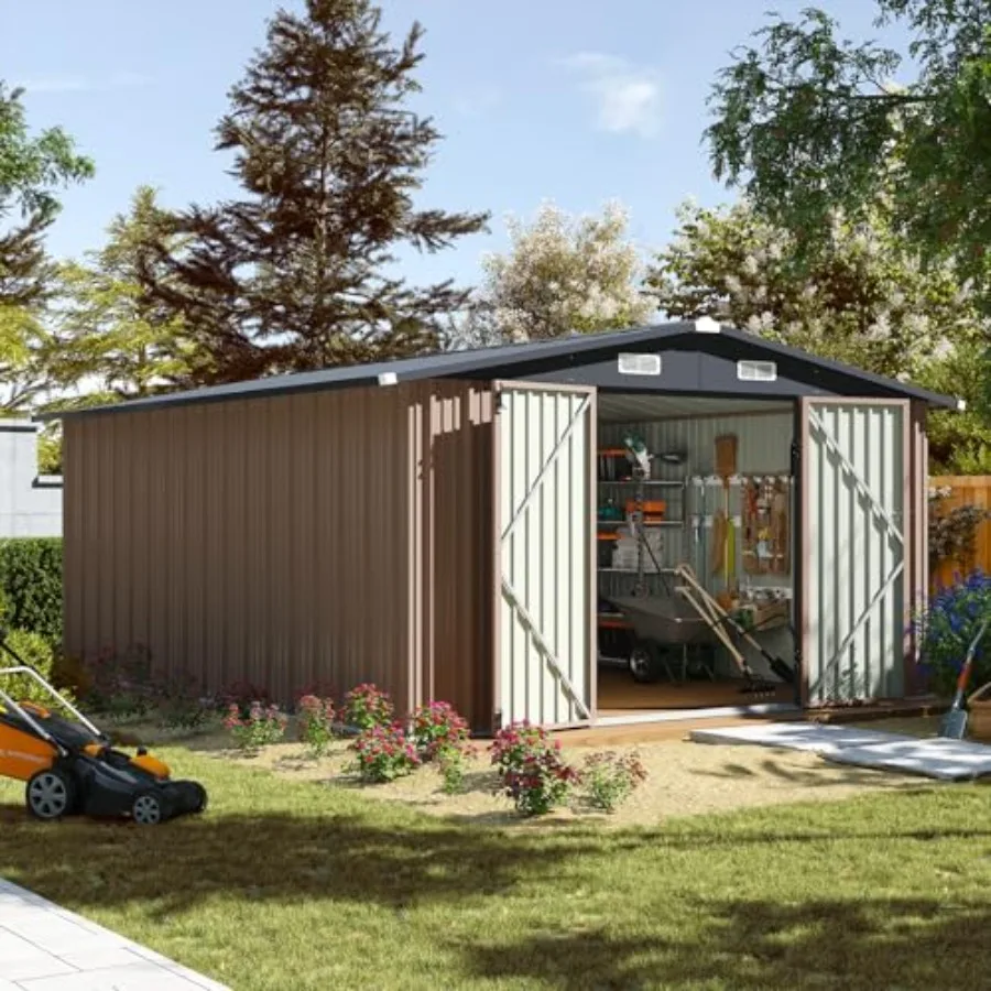 10 x 12FT Outdoor Storage Shed with Double Hinged Large Door, Brown