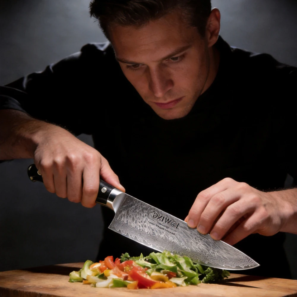 Damascus steel knife kitchen cooking sharp cutting tools, suitable for slicing fruits and meats. Knife comes with a gift box.