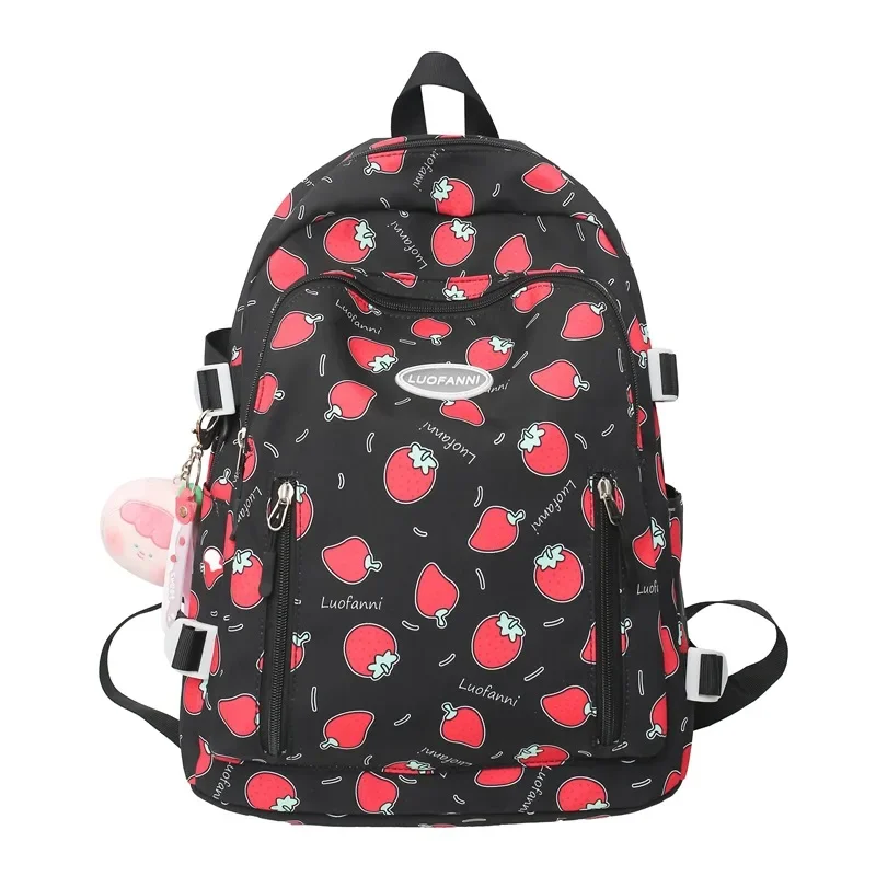 Mochila escolar fofa com estampa de morango para meninas com alça de ombro larga para reduzir o carga e proteger a coluna mochila campus