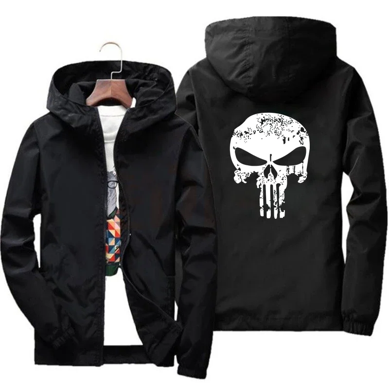 

2024 Spring Men's Hooded Windbreaker Casual Skull Coat Thin Sunscreen Riding Cycling Camping Sports Large Size 7XL