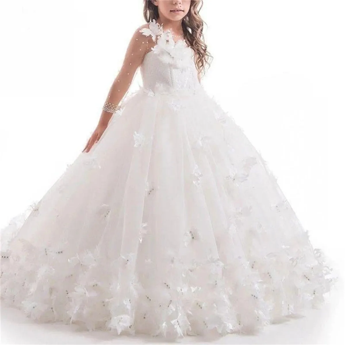 

White Butterflies Lace Flower Girls Dresses For Wedding Knot Bow Sequined Beaded Kids First Holy Communion Party Ball Gown