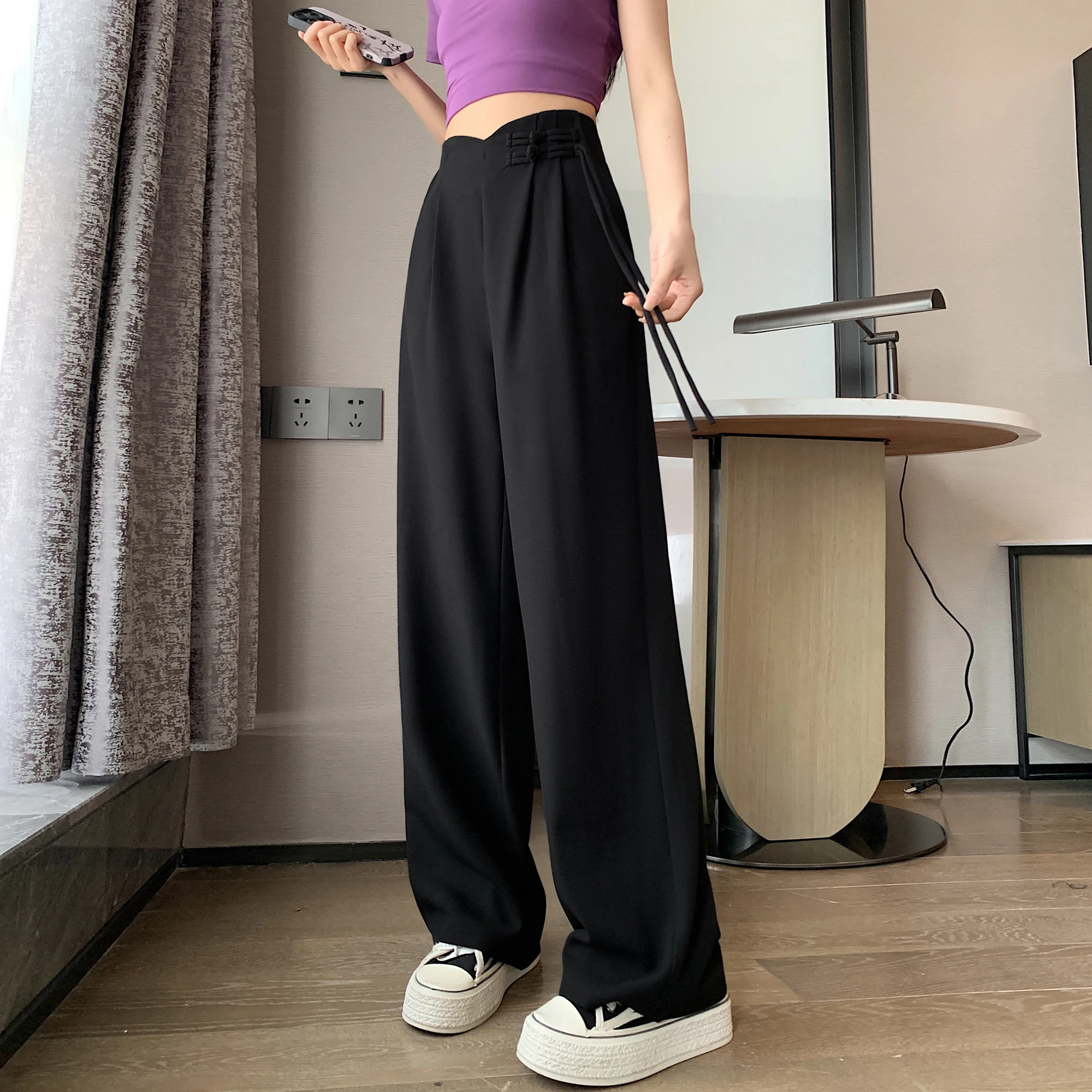 2024 New Linen High Waist Suit Wide Leg Women\'s Full Pants Spring Summer Female Elegant Minimalism Straight Loose Trousers