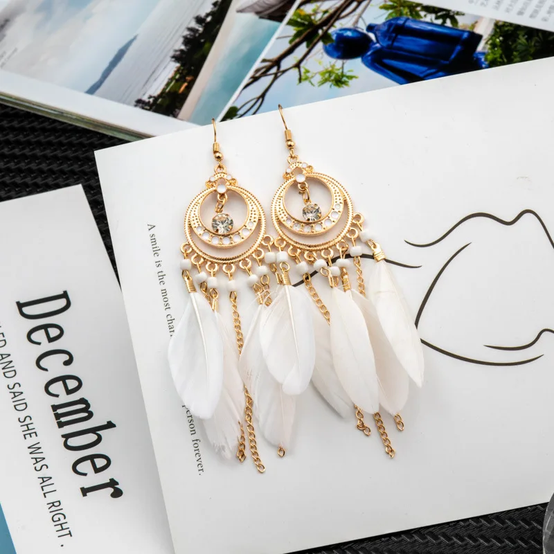 Boucles d'oreilles bohèmes longues plumes pour femmes, pendants géométriques en métal émaillé, bijoux faits à la main perlés