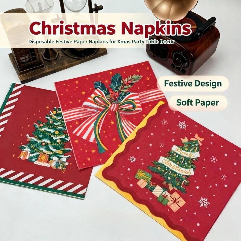 Christmas Holiday Printed Decorative Napkins Xmas Tree Bow Gift Pattern Paper Napkins for Party Table Decoration