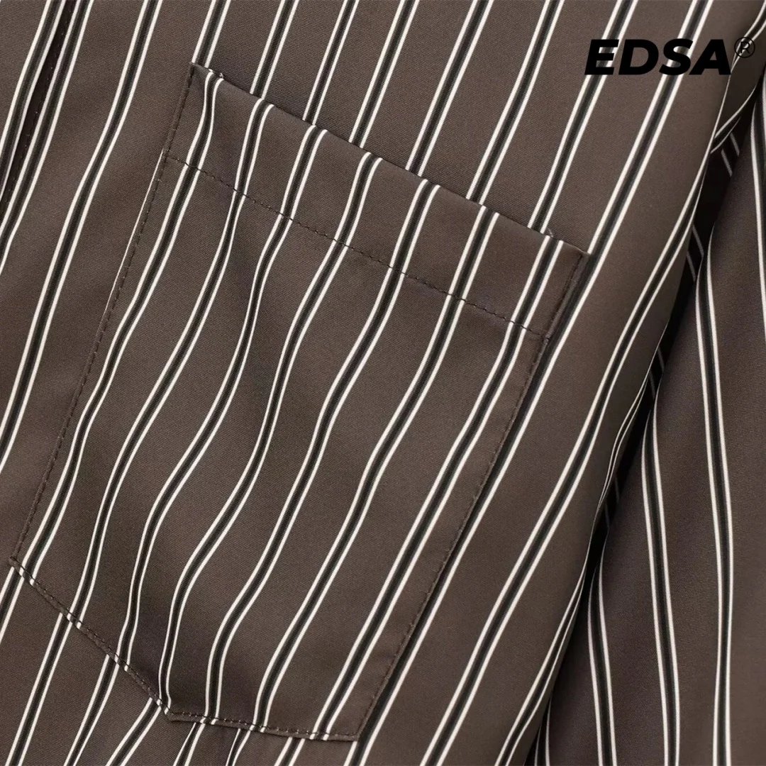 EDSA Women Brown Batwing Stripe Shirt Long Sleeves with Cuffs Patch Pockets Button-up Front for Office Lady Blouse