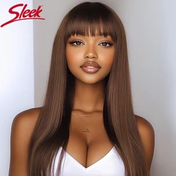 Sleek 22 Inch Straight Brazilian Hair Wigs With Bangs 100% Real Ready To Wear Wigs 4# Brown Colored Human Hair Wigs For Women
