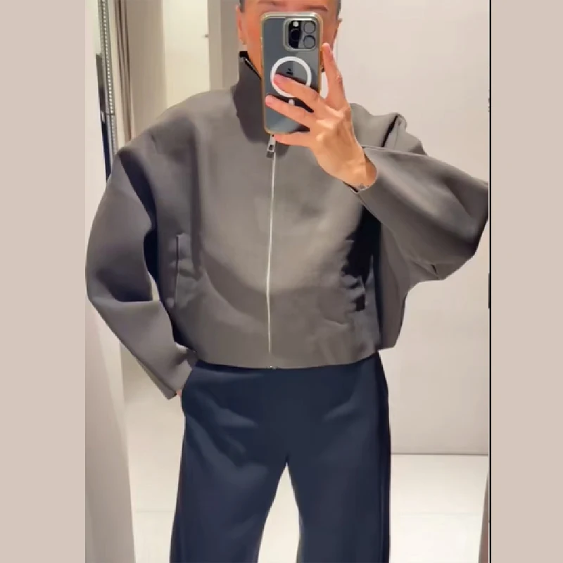 الحد الأدنى سترة فضفاضة سستة محبوك معاطف قصيرة المرأة ملابس خارجية الشارع الخريف موضة عادية تنوعا الأساسية سترة الإناث #1