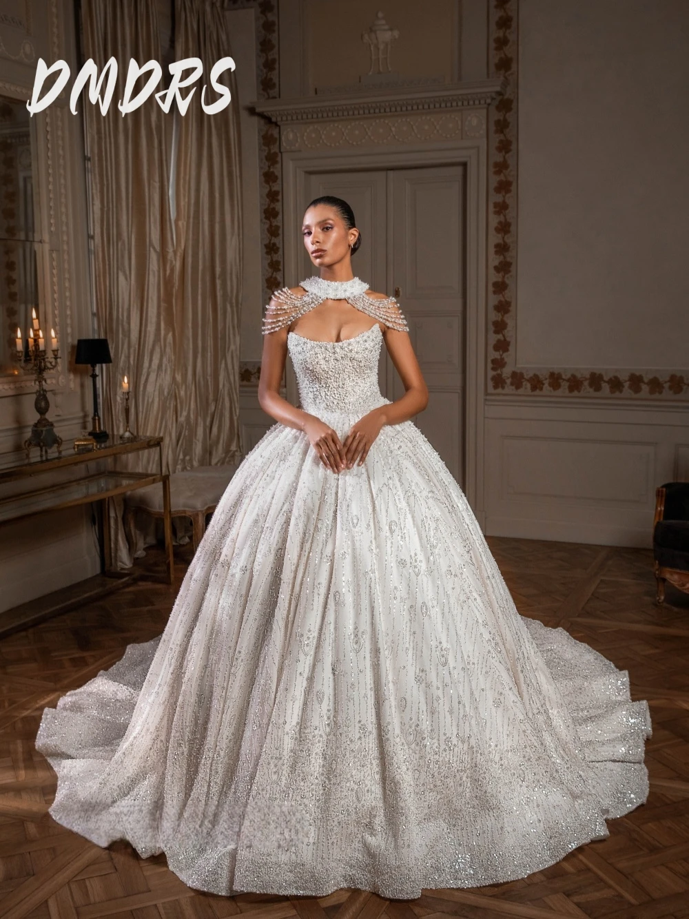 

Regal Ball Gown Pearls Glamorous Wedding Dress Shimmering Court Train Customized Zipper Back Elegant Luxurious Bridal Gown