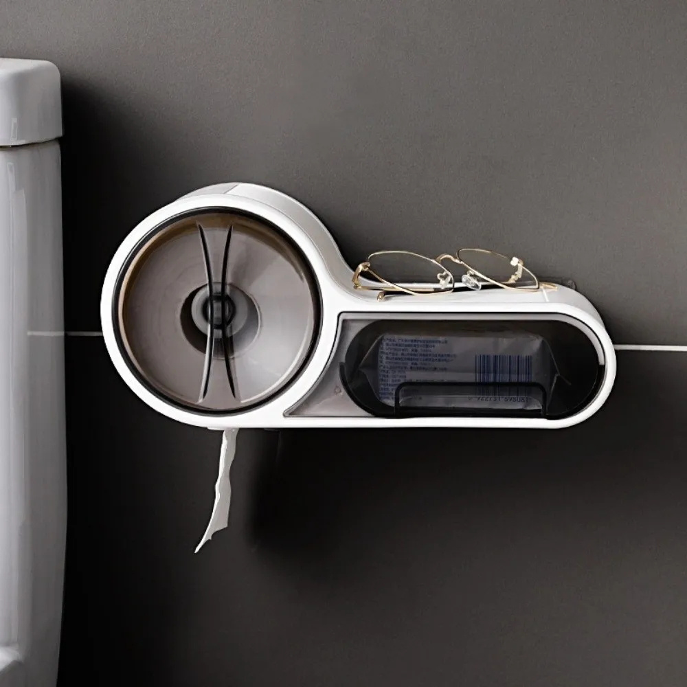Wall Mounted Toilet Paper Storage Box Plastic Material Waterproof Bathroom Paper Holder Free Punching Phone Holder