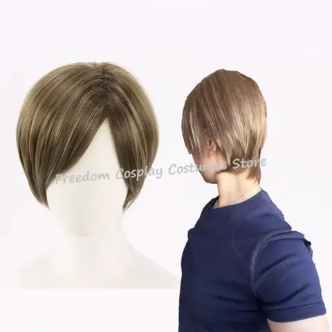 Anime Leon Scott Kennedy Cosplay Wig  Women Men for Leon S kennedy Short Brown Mixed Heat Resistant Synthetic Hair Wig + Wig Cap