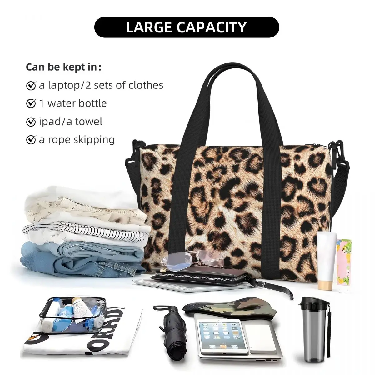 Custom Leopard Print Beach Tote Bag Women Extra Large Gym Carry On Animal Skin Travel Shopping Bags